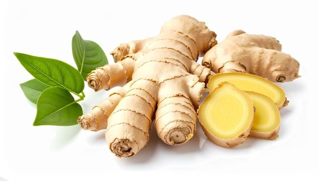 Fresh ginger root with green leaves, showcasing its natural form and vibrant color