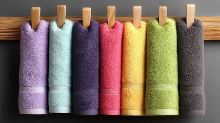 Rainbow of Soft Towels Neatly Hung on Wooden Hooks Against Dark Gray Background in Bathroom Display