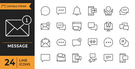 Message icon set. Contain icons related to mail, email, postal letter and more. 
