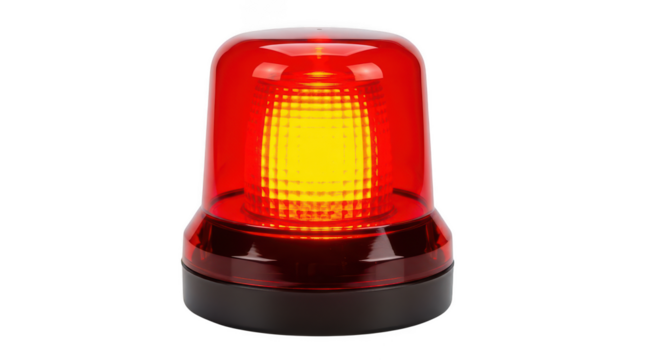 Bright red beacon light with yellow led strobe pattern isolated on transparent background