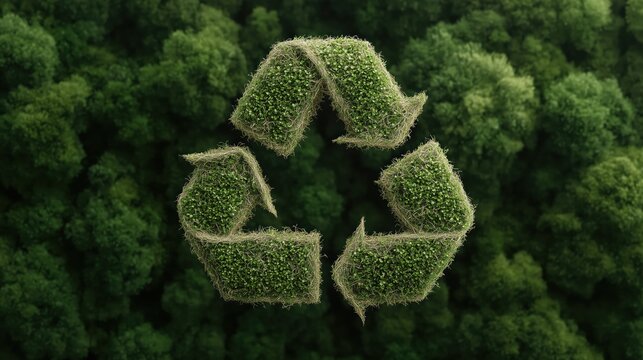 A large 3D recycle symbol made of grass hovers over a dense green forest, emphasizing sustainability and environmental awareness.