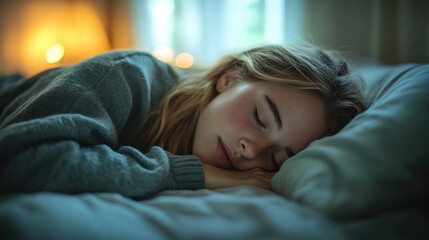 Fototapeta premium Relaxing Young Woman Sleeping Peacefully in Cozy Bedroom with Soft Lighting and Warm Atmosphere