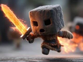 A tiny warrior with a stone cube head wields a flaming sword, charging forward in a stylized battle scene.