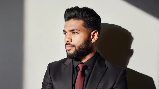 Man with short hair, beard and earring wearing suit against backlit background.