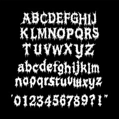 complete set of gothic-style alphabet characters, numerals, and punctuation marks designed in a sharp, thorny, black metal aesthetic. hand drawing vector isolated on black background.