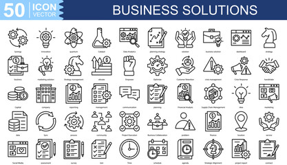 Business Solutions icon collection set. Containing Synergy, innovation, quantum, Catalyst, Data Analytics, planning strategy, solution icon