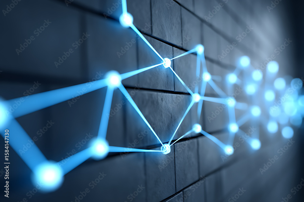 Poster technological concept of connection and data flow represented by illuminated lines along a textured 