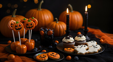 Halloween treats and pumpkins on a dark table with lit candles creating a festive atmosphere for the holiday