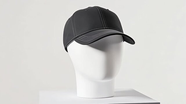 Black cap on a white mannequin head against a neutral background