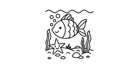 Underwater Scene Line Art Design with Fish, Starfish, and Seaweed