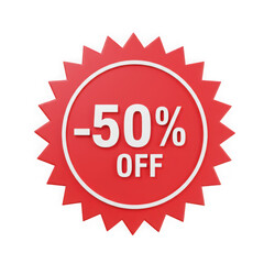 Red 50 percent off sale tag isolated on transparent background