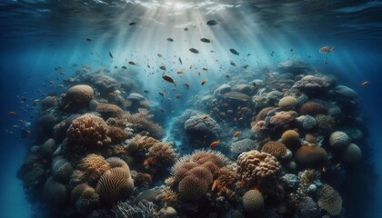 Obraz premium Underwater Coral Reef Landscape with Sunbeams and Fish