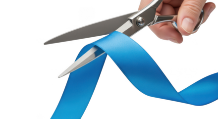 Hand holding scissors cutting a bright blue ribbon isolated on transparent background