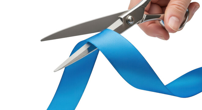 Hand holding scissors cutting a bright blue ribbon isolated on transparent background