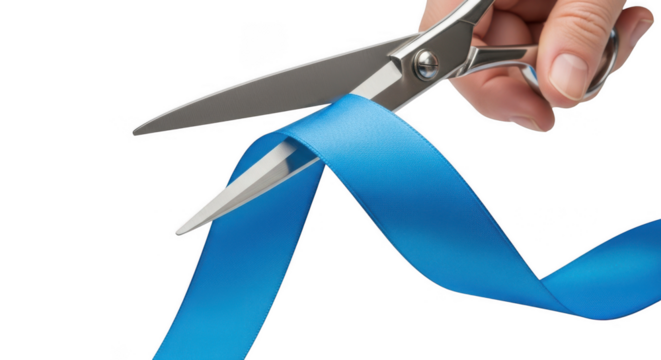 Hand holding scissors cutting a bright blue ribbon isolated on transparent background
