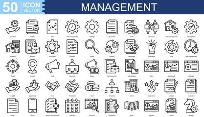 management icon collection set. Containing Project, plan, time management, Settings, Document, asset, discussion icon