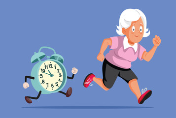 Senior Woman Running Beating Time and Age Vector Cartoon. Happy healthy elderly lady having strength and longevity on her side 