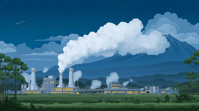 Clean Geothermal Energy Sustainable Future Illustration with Steam Turbines at Night