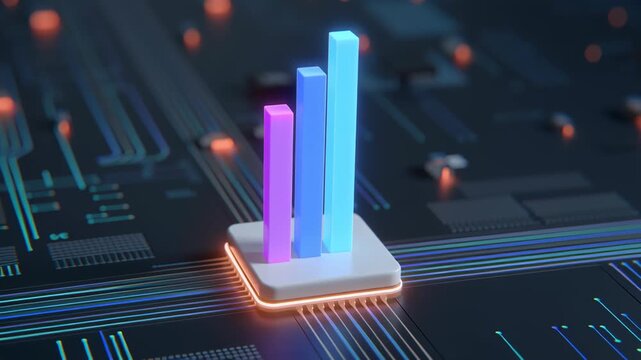 AI Business growth and scalable concept, 3D bar chart on a microchip representing data analysis and technology.