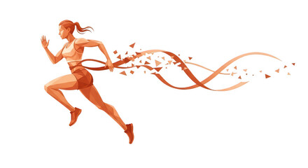 Athletic woman runner crossing finish line with shattered ribbon isolated on transparent background