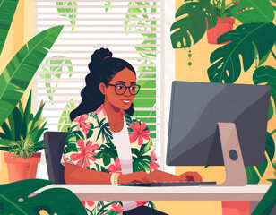 観葉植物のあるオフィスで仕事をする女性
