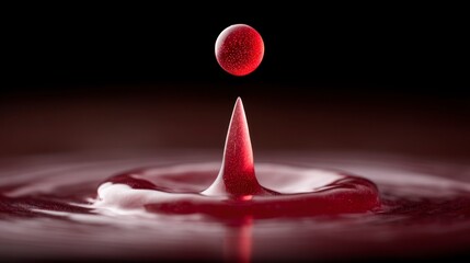Close up of a red liquid drop frozen in motion above a splash column water