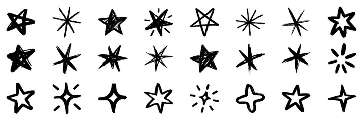 hand drawn stars and sparkles set. Grunge brush stroke stars. doodled sparks collection.  shine element pack for collage, poster, sticker, label.  Vector