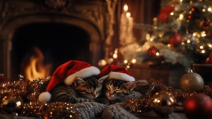 Two adorable kittens napping near the fireplace wearing Christmas hats