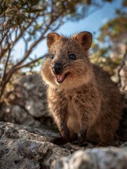 Fototapeta premium Quokka Joyfully Stands on Rocky Terrain Under Bright Blue Sky, Showcasing Its Vibrant Personality in a Lively Natural Setting