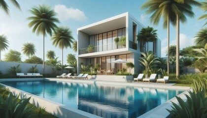 Fototapeta premium Luxury Modern Villa with Pool and Palm Trees
