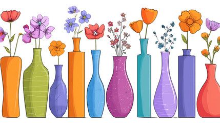 Colorful Flower Vases Horizontal Arrangement on Transparent Background with Diverse Shapes and Cheerful Blooms for Decorative Design, PNG