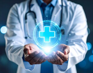 Conceptual image of a doctor cupped around a glowing, 3D digital hospital symbol. This image powerfully visualizes global medical collaboration and a world united by shared health data.
