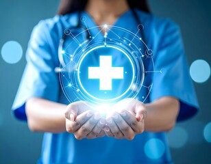 Conceptual image of a doctor cupped around a glowing, 3D digital hospital symbol. This image powerfully visualizes global medical collaboration and a world united by shared health data.