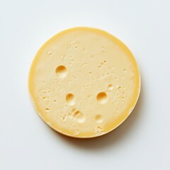 Close up of a round slice of swiss cheese with holes isolated on white background