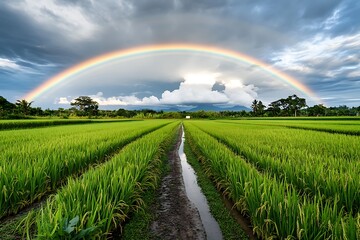 Fototapeta premium Vibrant rainbow over lush rice fields rural landscape nature photography serene environment wide-angle view scenic beauty