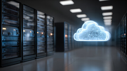 A digital cloud icon with glowing lines floats above a row of server racks in a data center.
