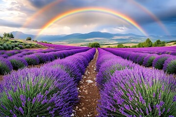 Obraz premium Lavender fields under a colorful rainbow provence scenic landscape photography serene environment wide angle view