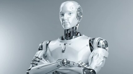 Futuristic humanoid robot with shiny metallic body and neutral expression with ai generated - Powered by Adobe