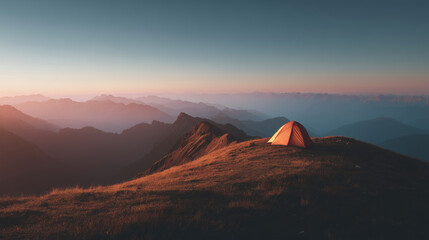 mountain landscape with a tent at sunrise