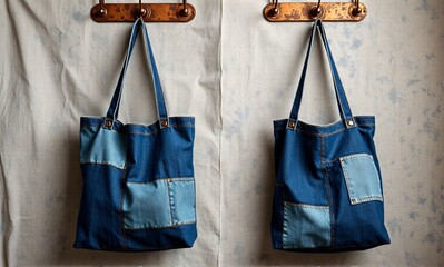 Naklejka premium Two denim tote bags hang on a rustic hook, showcasing patchwork designs of varying shades of blue. The bags feature visible stitching and unique square patches.