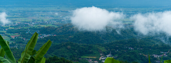 Banner Beautiful Mountain landscape foggy mountain green landscape morning sunrise. Amazing...