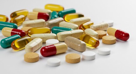 Colorful Pharmaceutical Array: Capsules and Tablets on White Backdrop