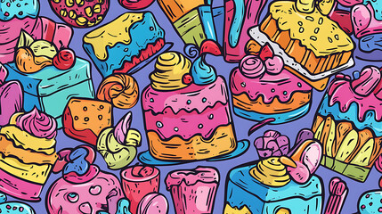 Whimsical and festive birthday-themed illustrations featuring cakes, cupcakes, gift boxes, balloons, party decorations, confetti, and celebratory elements in a playful doodle style.