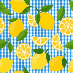 Fresh Yellow Lemons and Slices on a Blue Gingham Background Pattern