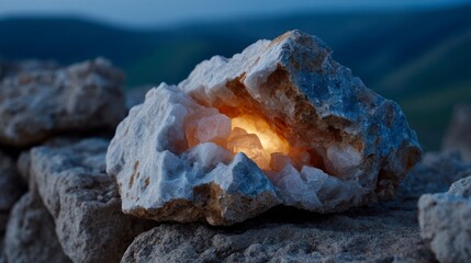 Fototapeta premium Glowing crystal geode formation with rough rock texture and soft twilight background