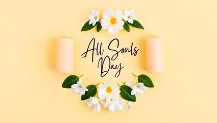 All Souls Day Elegant Floral Candle Arrangement on Yellow Background
