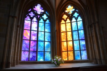 Fototapeta premium Gothic church with a large stained glass window divided into purple and orange sections