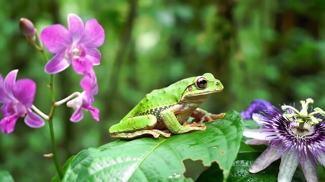 Bright Green Frog Perched on a Leaf Surrounded by Pink Orchids and Purple Passionflower in a Lush Tropical Rainforest with Vibrant Colors