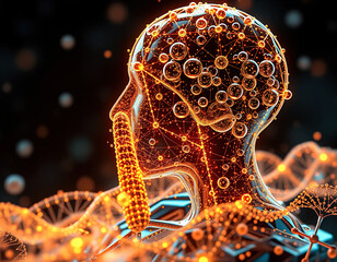 Quantum computers, nanotech, and bioinformatics linked by glowing neural nets. AI Generated