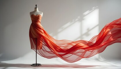 ombre fabric, fashion studio, mannequin shot, gradient textile, editorial styling, red to gold, flowing fabric, HD fashion, ombre fade, fabric detail, studio lighting, drape fabric, textile ombre, omb